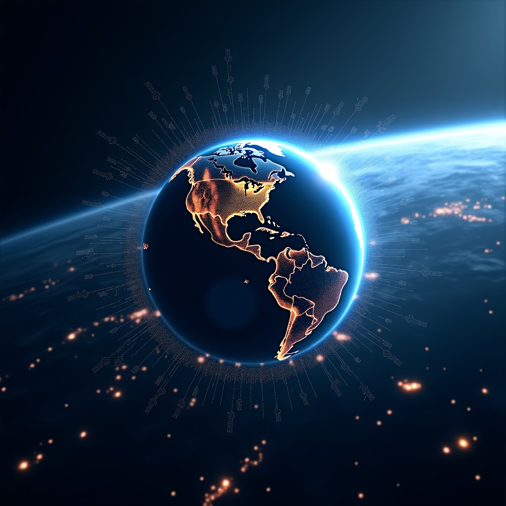 A high-tech depiction of Earth surrounded by a dense network of communication satellites in orbit. Glowing data lines connect the satellites, representing global internet and connectivity. The Earth is partially in shadow with city lights visible. Modern digital art style, high contrast. 4:3