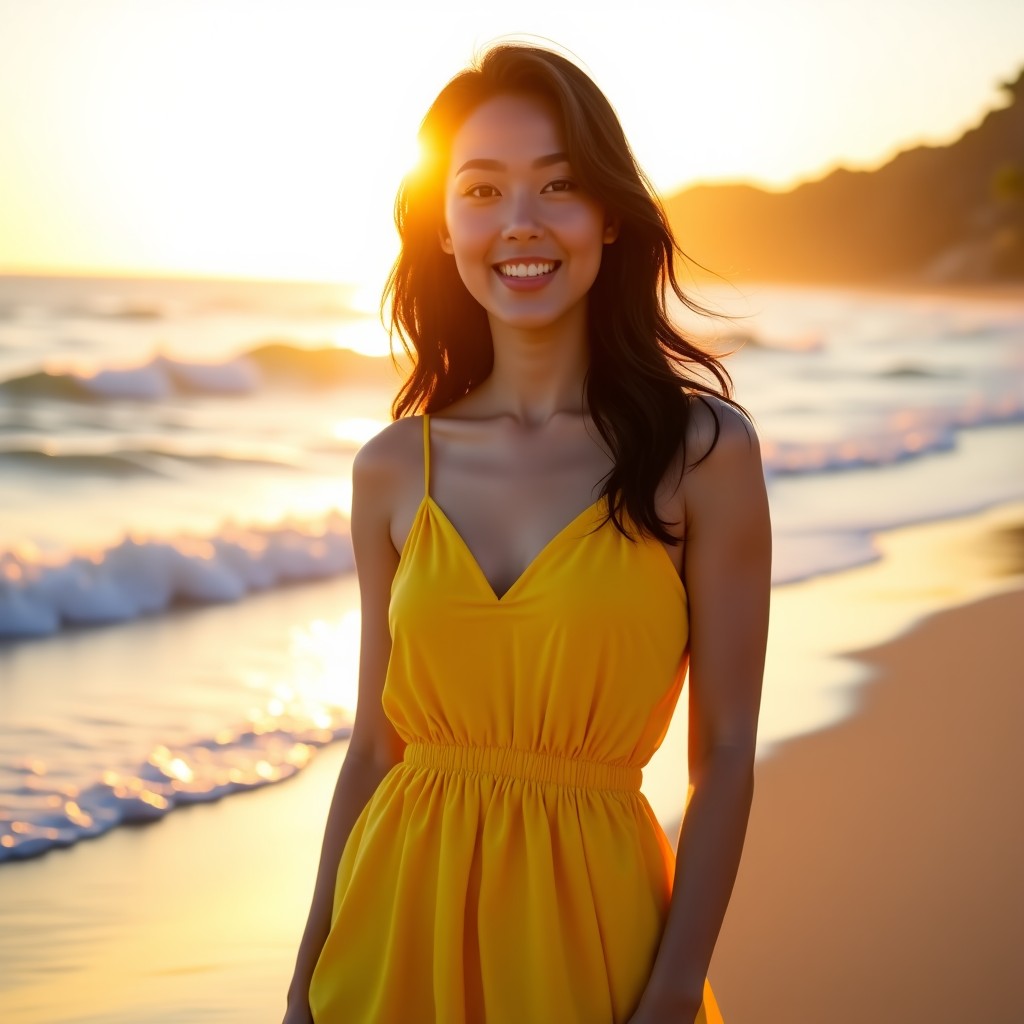 A beautiful Korean woman in a stylish yellow sundress standing on a sunny tropical beach during golden hour. She has a confident and charming expression. High-quality lifestyle photography, natural lighting, soft ocean waves in the background. 4:3