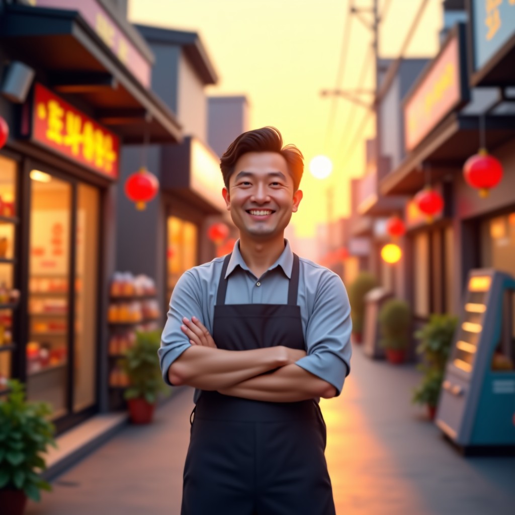A warm and inviting photo of a middle-aged Korean store owner standing in front of his small shop, smiling confidently at the camera. Soft sunset lighting, realistic and high-resolution. 1:1