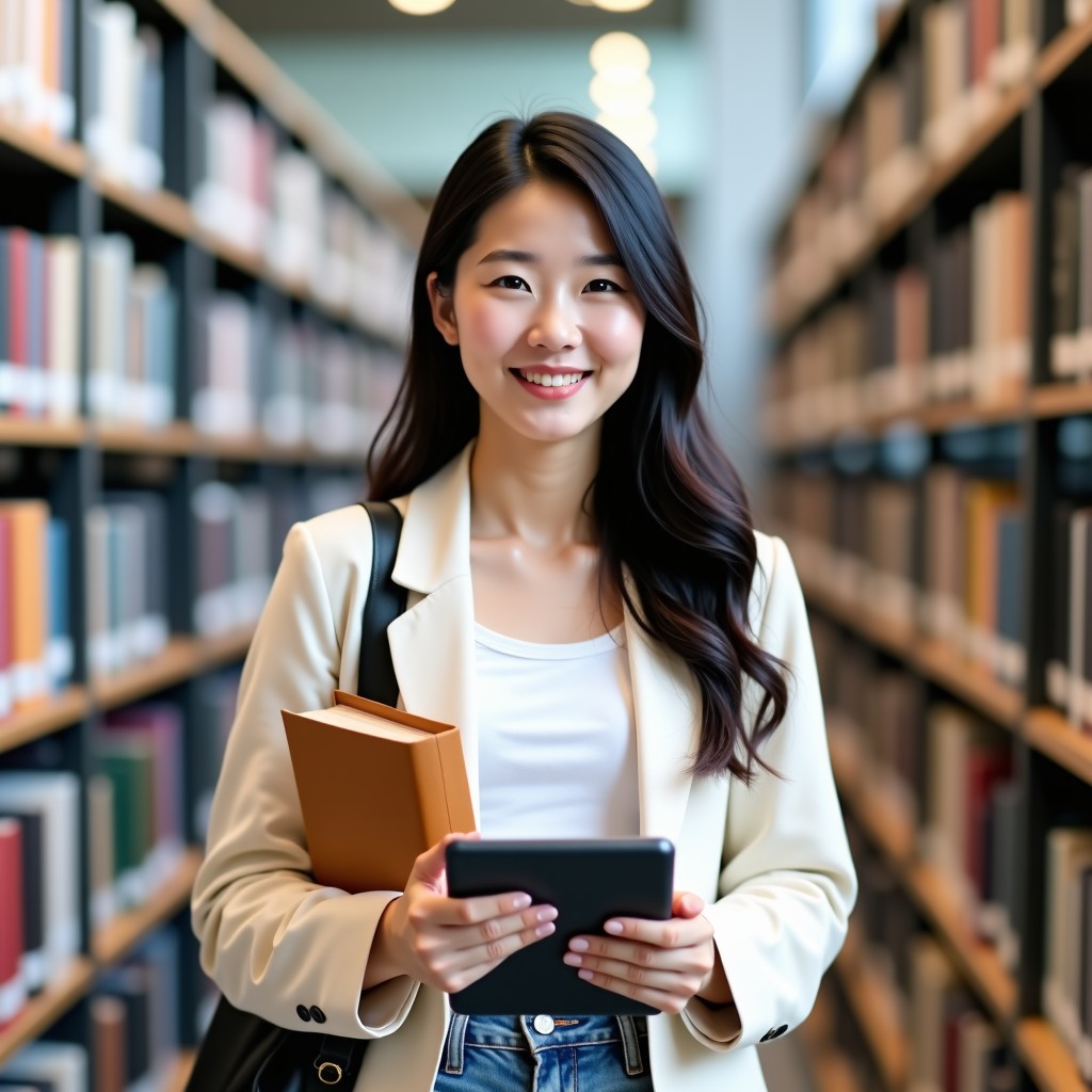 A young Korean female student in a modern university library environment, wearing a casual but smart outfit, holding a tablet and a book, confident and intelligent expression, soft indoor lighting, 4:3