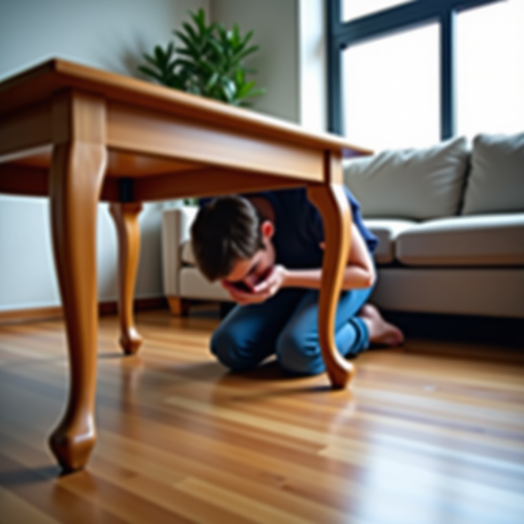 A lifestyle photograph of a person calmly taking cover under a sturdy wooden table during a simulated earthquake, holding the table legs, natural lighting in a modern living room setting, 4:3