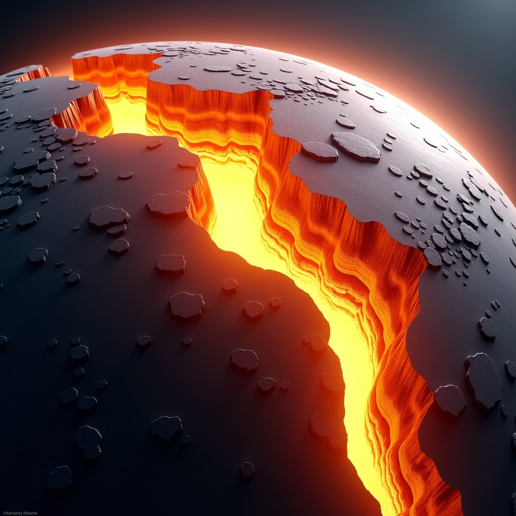 A realistic 3D visualization of the Earth's crust showing a glowing energy crack beneath the surface, intense orange and yellow light emanating from the fissure, realistic rock textures and layers of the earth, 4:3