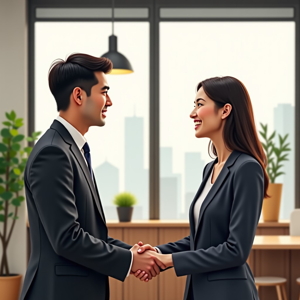 A friendly and professional meeting between an employer and an employee in a modern cafe-style office. Korean appearance, natural expressions, 4:3