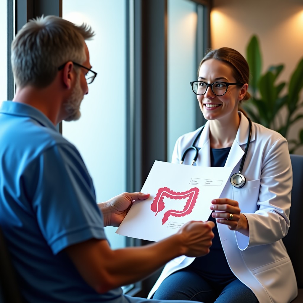 A professional medical consultation setting, a doctor explaining a colon diagram to a patient, clean modern clinic interior, warm lighting, 4:3