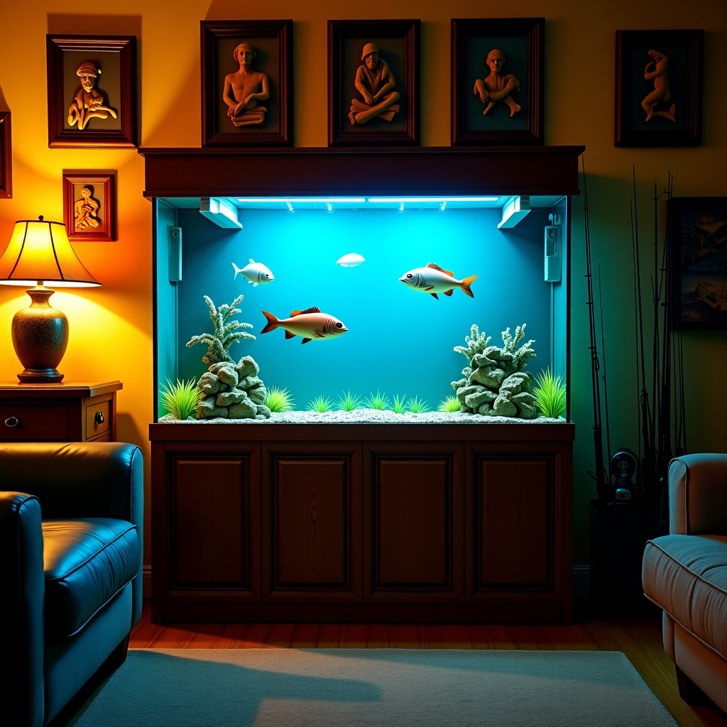 Interior of a cozy room with a large glowing aquarium showing exotic fish. The room is decorated with fishing trophies and gear. Warm lighting, natural setting, lifestyle photography. No text. 1:1