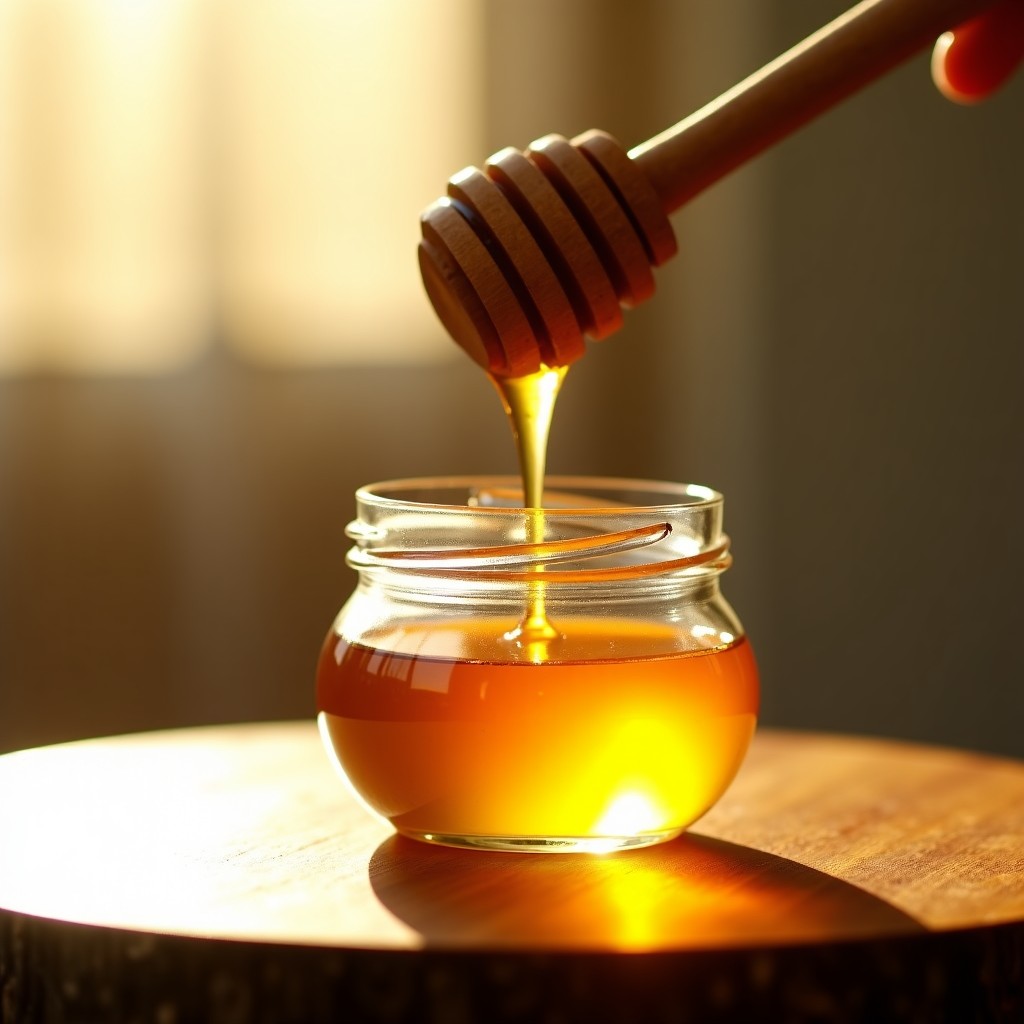 Golden honey dripping slowly from a wooden honey dipper into a glass jar. Warm sunlight creates a glowing effect on the liquid. Lifestyle photography style. 1:1
