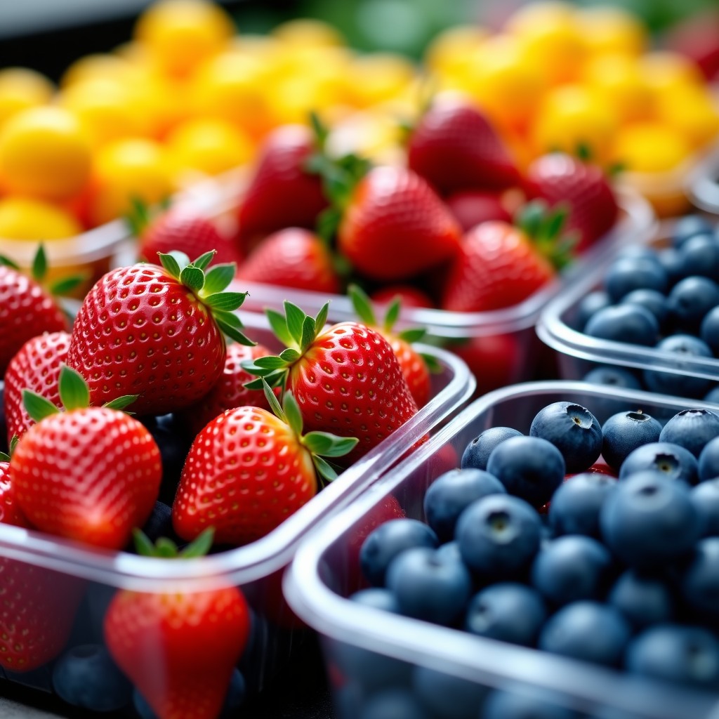 Close-up of fresh strawberries and blueberries in clear plastic containers at a grocery store. Vibrant colors and natural lighting. 4:3