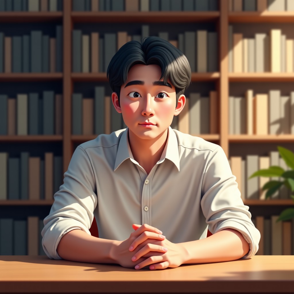 A Korean man sitting across a table in a quiet library, listening intently with a warm and empathetic expression, soft natural lighting, 4:3