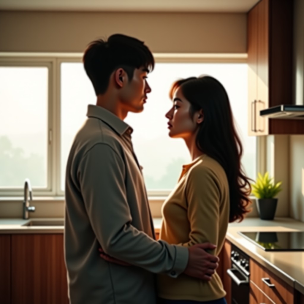A Korean man and woman standing in a modern kitchen, turning their backs to each other with cold expressions. The sunlight hits the room naturally but the mood is chilly. Realistic lifestyle photography, 4:3.