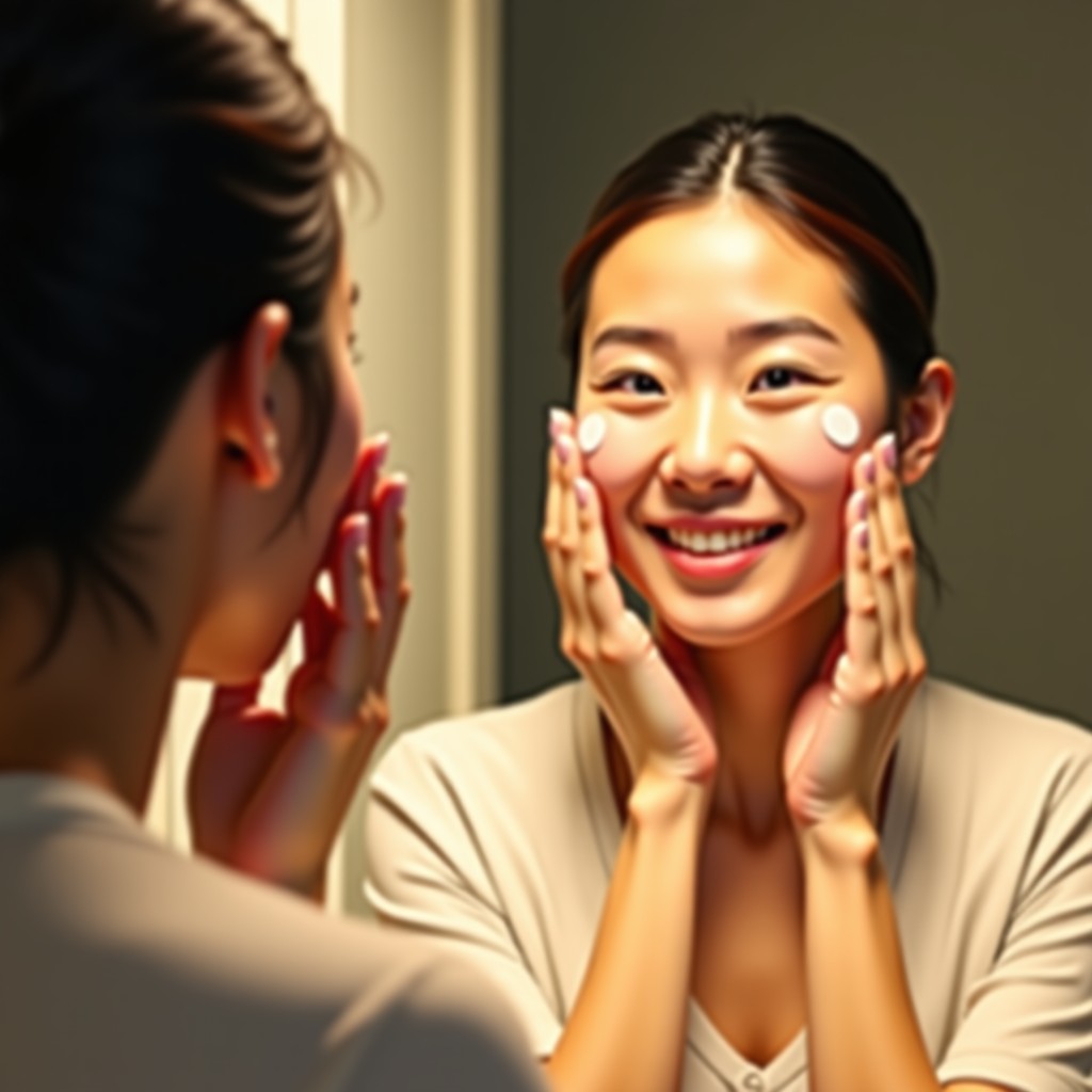 A Korean woman applying skin care cream on her face in front of a bathroom mirror, warm home lighting, cozy atmosphere, focus on hand and face, 1:1
