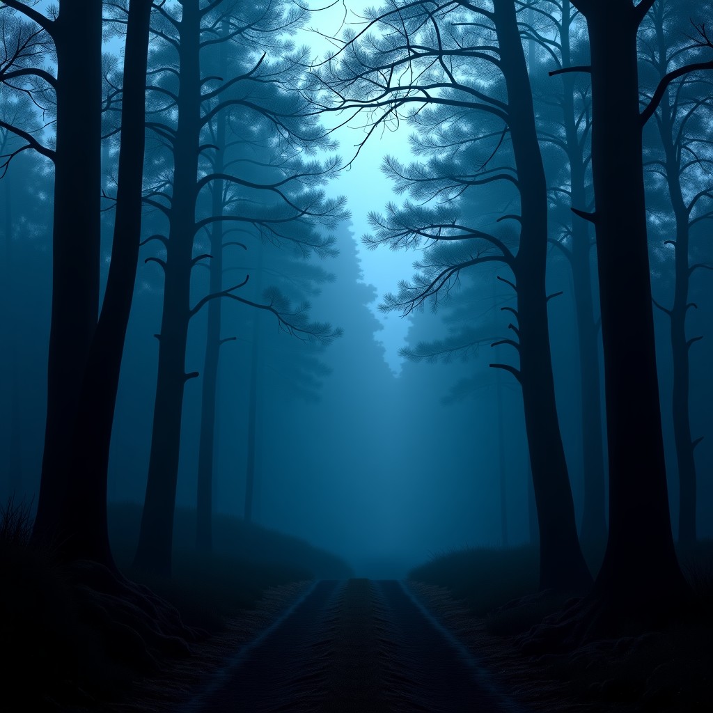 A deep dark forest at dawn with cold blue light, mysterious and chilling atmosphere, cinematic texture, 4:3