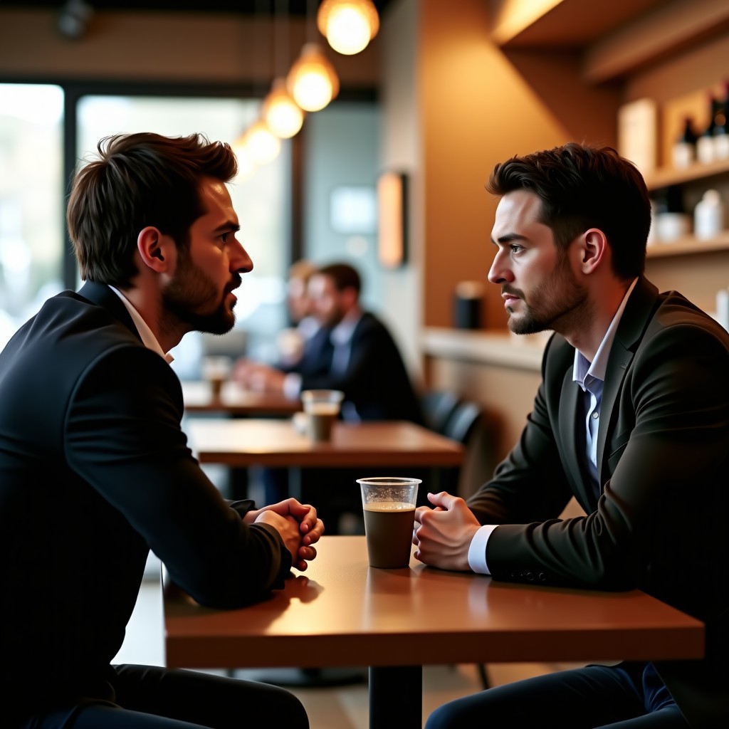Two people having a serious and thoughtful conversation in a modern cafe with traditional interior accents, warm lighting, focus on expressive facial gestures, realistic photography, 1:1