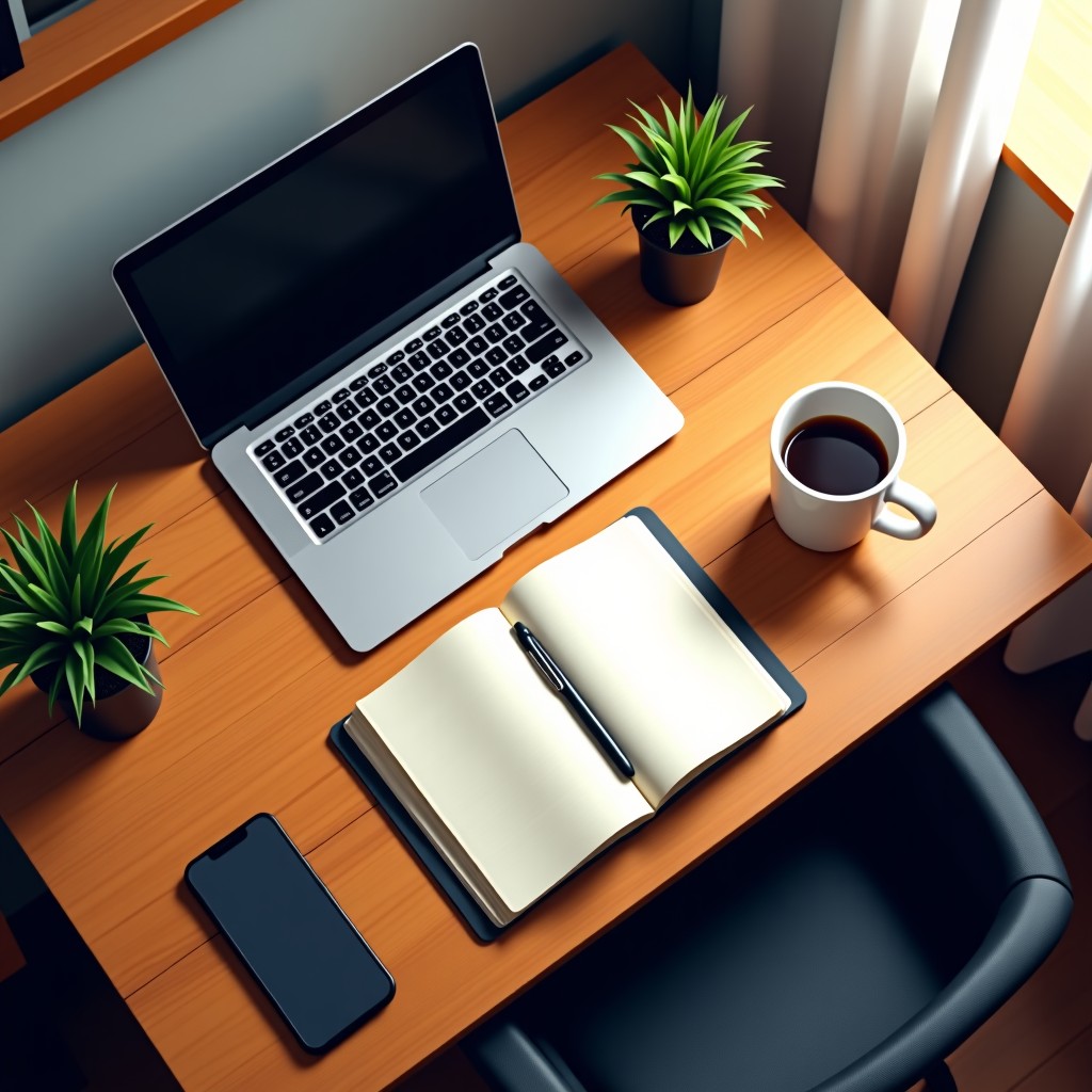 A cozy and organized home office desk with a laptop, a notebook, and a cup of coffee, warm lighting, top-down view, visually rich composition, 4:3