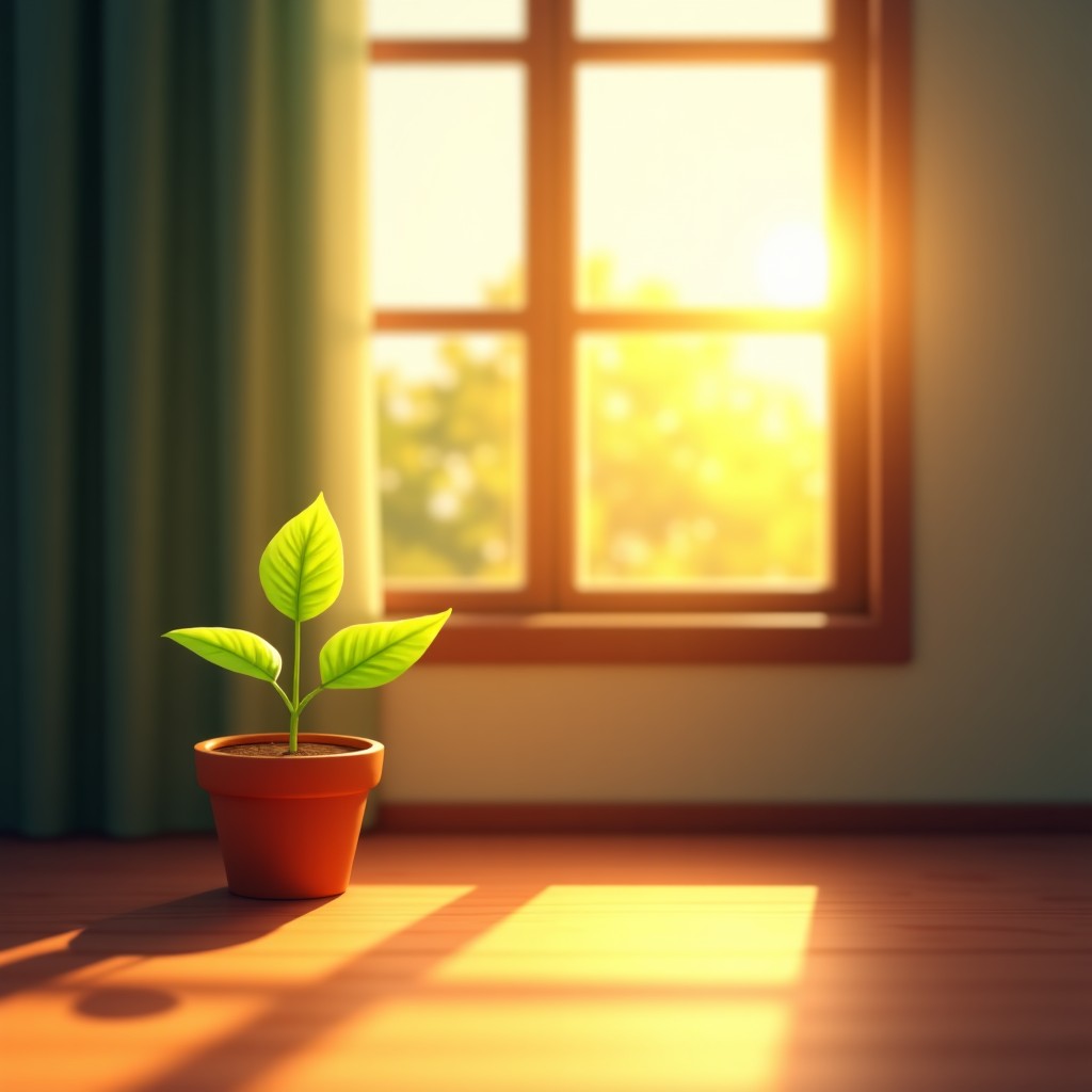 Warm golden spring sunlight streaming through a window onto a wooden floor, a small green plant in a pot starting to grow, cozy indoor atmosphere, 4:3