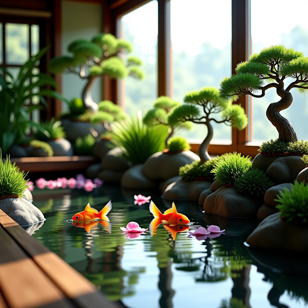 A small indoor pond inside a Victorian greenhouse with goldfish and floating petals. Surrounding the pond are neatly arranged Korean bonsai trees and traditional small plants. Soft sunlight, serene atmosphere, 4:3