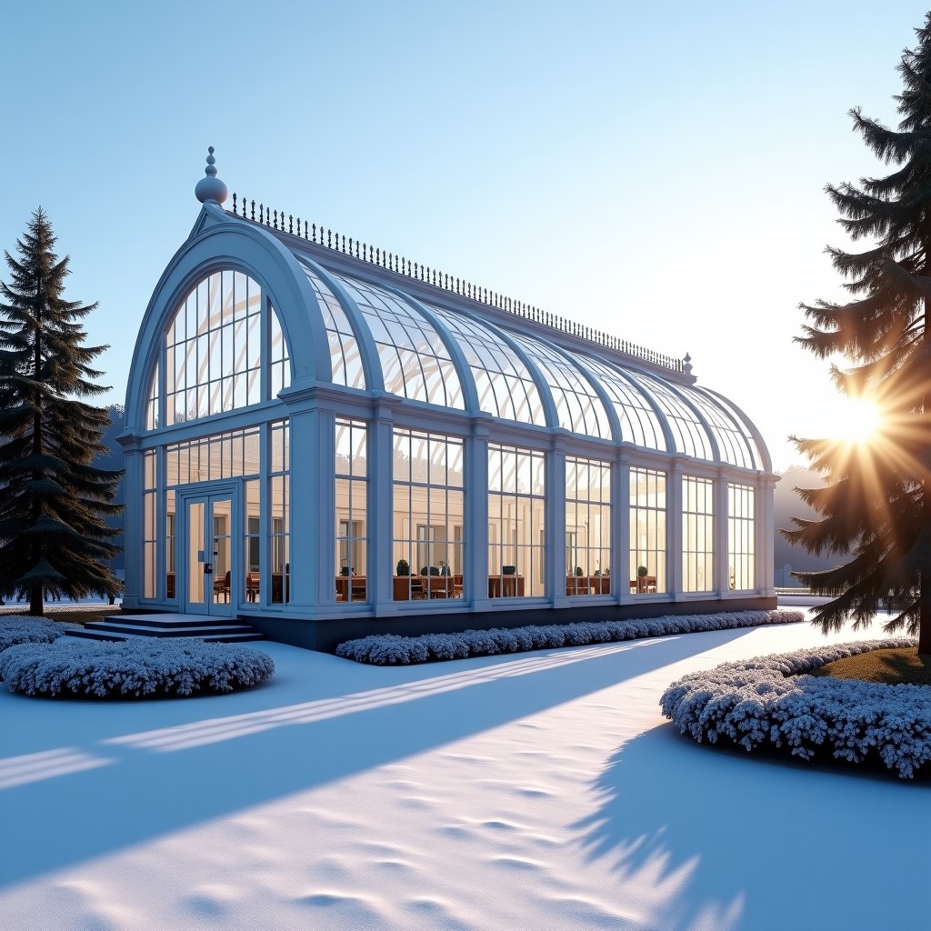 A beautiful wide shot of the Changgyeonggung Great Greenhouse in winter. The building is a white Western-style Victorian glasshouse architecture. Light snow is on the ground. The sun is shining through the glass panels. Realistic photography style, high quality, 4:3
