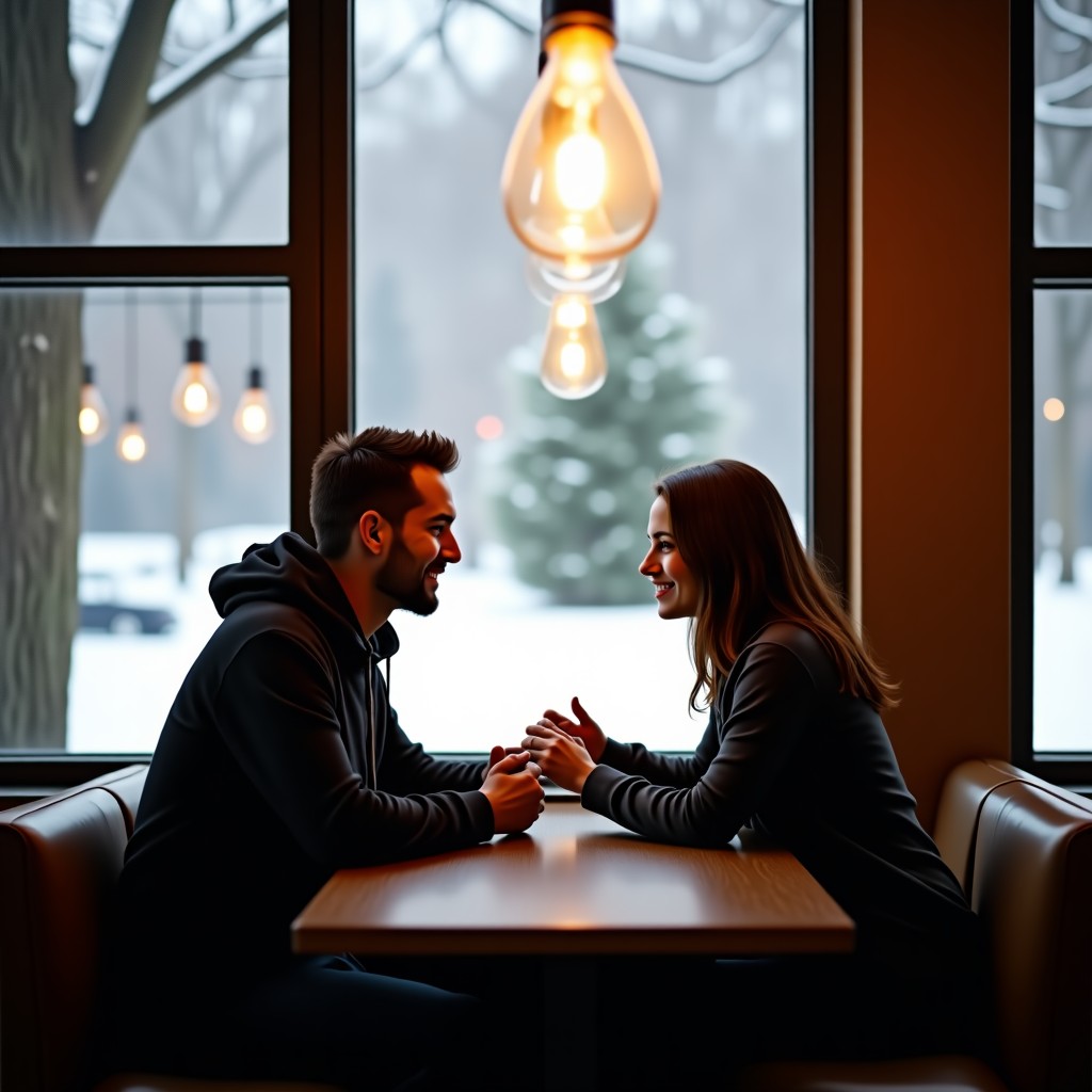 A couple sitting across from each other in a cozy cafe with large windows showing snow falling outside, soft focus, warm indoor lighting, lifestyle photography, 4:3