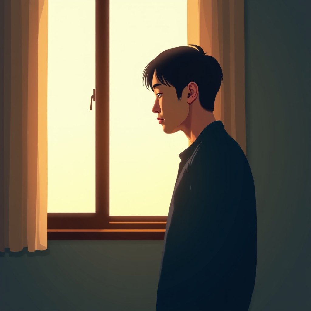 A Korean man looking out of a window in a quiet room, reflecting on his life. The lighting is soft morning light. The composition is calm and contemplative. Realistic, 4:3.