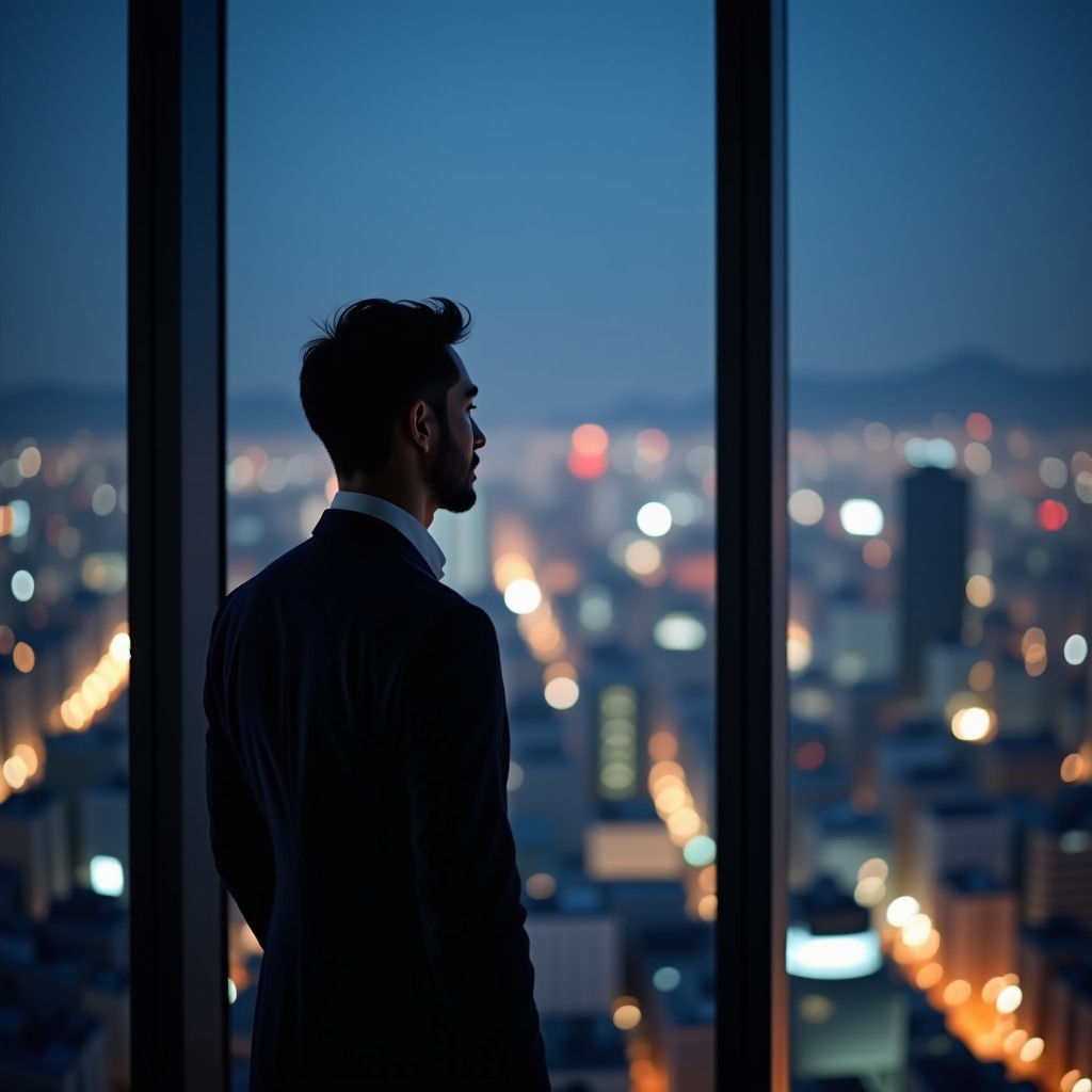 A man in a sharp dark business suit standing in a dimly lit high-rise office, looking out at the glittering Seoul city skyline at night, reflecting on a difficult decision, lifestyle photography, 4:3