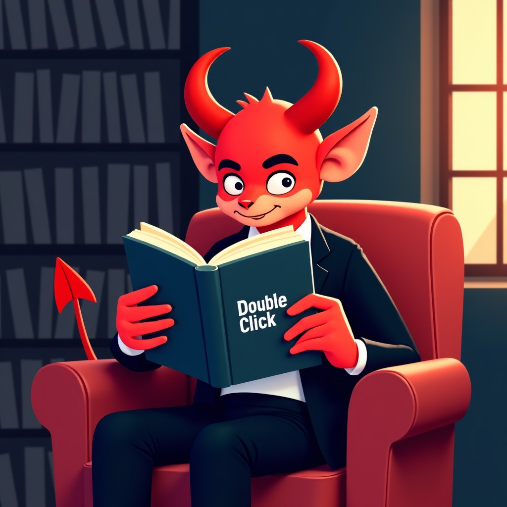 A creative illustration of a stylized red devil character with a sophisticated look, sitting comfortably and reading a book titled Double Click. The background is a modern library with a dark moody atmosphere and warm accent lighting. No text on the book cover except the title Double Click. 1:1