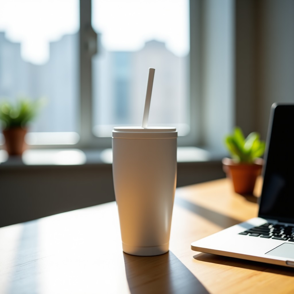 A clean white tumbler with a straw standing on a modern wooden desk next to a laptop and a small potted plant. Bright natural light from a window, minimalist aesthetic, 1:1