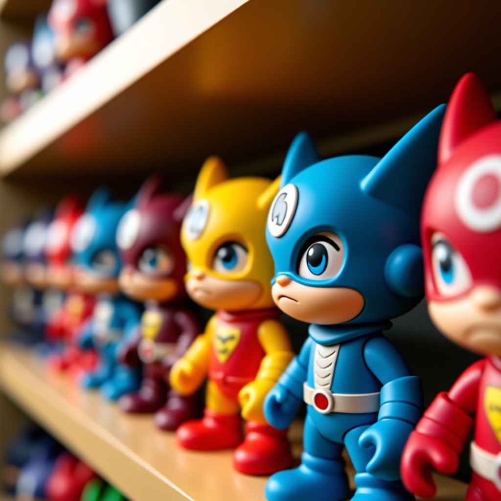 High-quality close-up photography of colorful Japanese superhero action figures on a shelf, professional lighting, shallow depth of field, warm atmosphere, 4:3