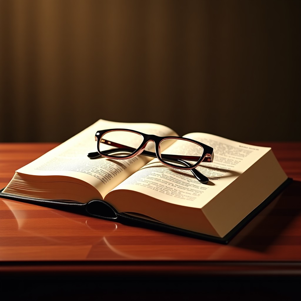 A thick law book titled Justice open on a classic mahogany desk, a pair of elegant spectacles resting on the pages, warm study lighting, textured background, 4:3