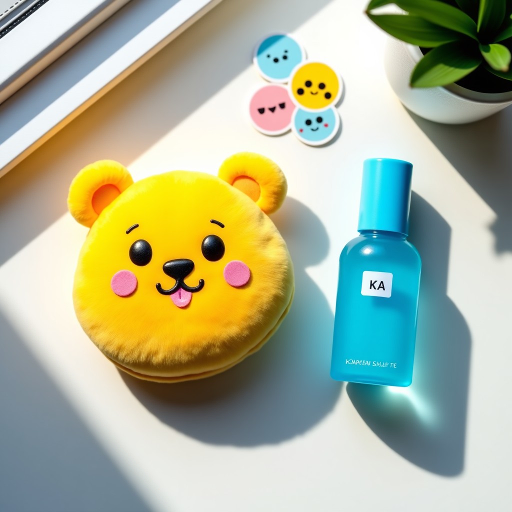 A top-down flat lay of a cute yellow bear-shaped plush pouch and a blue hair essence bottle on a clean white desk. Beside them are some colorful aesthetic stickers. Soft morning light from a window. Vibrant colors, clean and modern aesthetic. 4:3