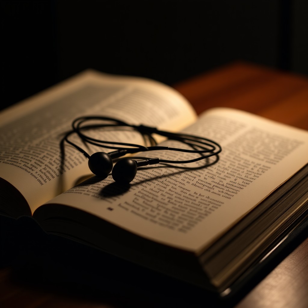 An open book on a table with a pair of modern wired earphones placed on it. Cinematic lighting, emotional and moody setting, focusing on the connection between literature and music. High contrast, 4:3