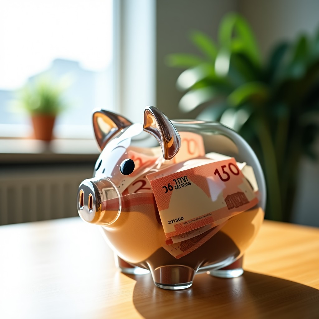 A modern glass piggy bank filled with Korean Won bills, sitting on a wooden desk with soft sunlight from a window. Lifestyle photography. 4:3