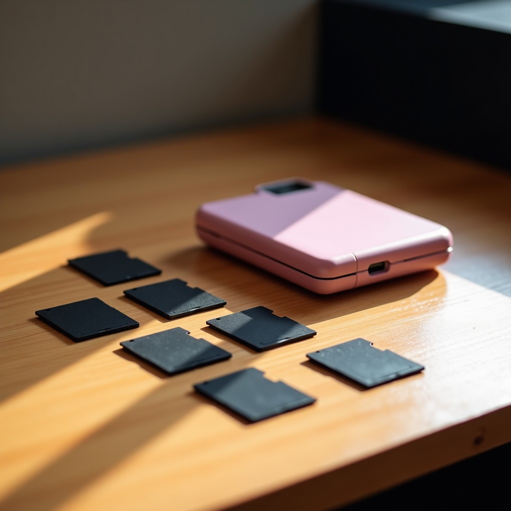 A collection of old SD cards, a camera battery, and a slim pink digital camera arranged neatly on a wooden desk, soft shadows, organized layout, 4:3