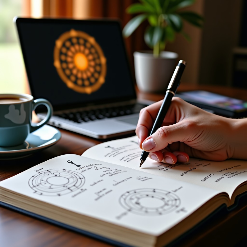 Close up of a person hands writing in a beautiful notebook with a laptop showing astrological charts nearby cozy desk setup with a cup of coffee and warm lighting 4:3