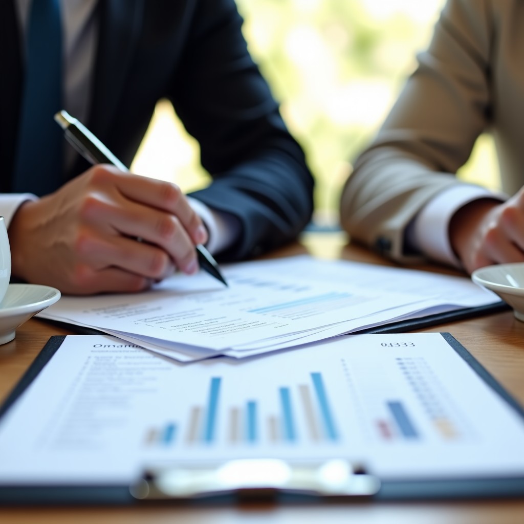 Close-up of hands reviewing a professional planner and financial documents on a wooden desk. A cup of coffee and a pen are nearby. Bright and focused atmosphere representing careful planning and caution. 4:3