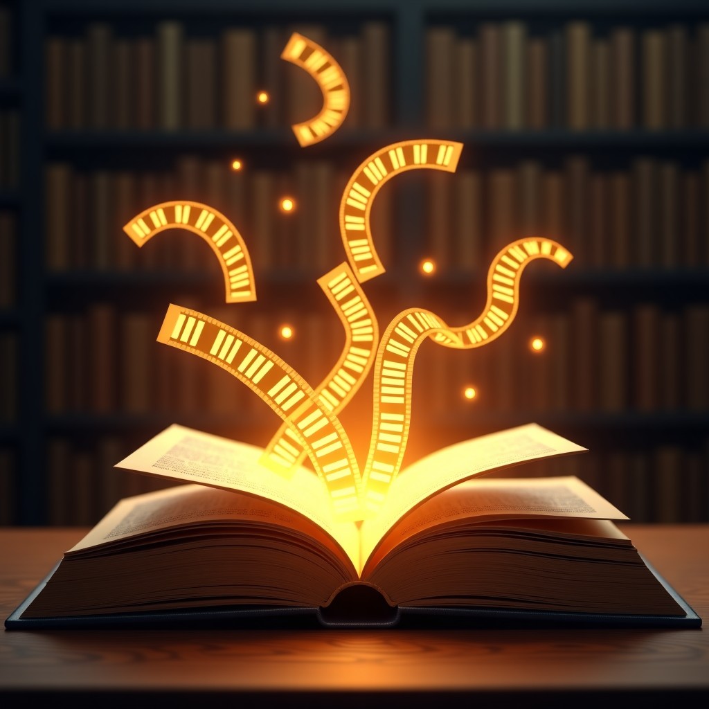 A surreal conceptual image of a fantasy novel book opening and its pages turning into cinematic film strips, golden light emanating from the book, dark library background, artistic rendering, 1:1