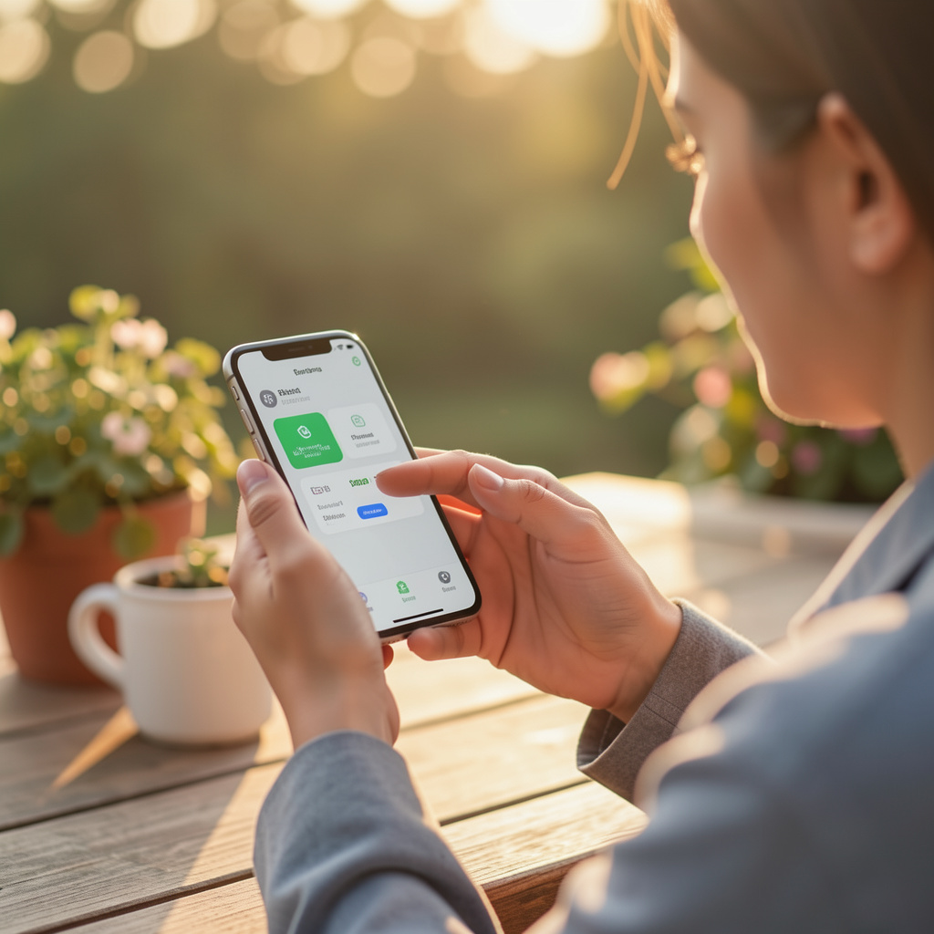 A lifestyle photography scene showing a person interacting with a voice assistant on a smartphone. The image has warm lighting and a natural setting with a 4:3 aspect ratio.