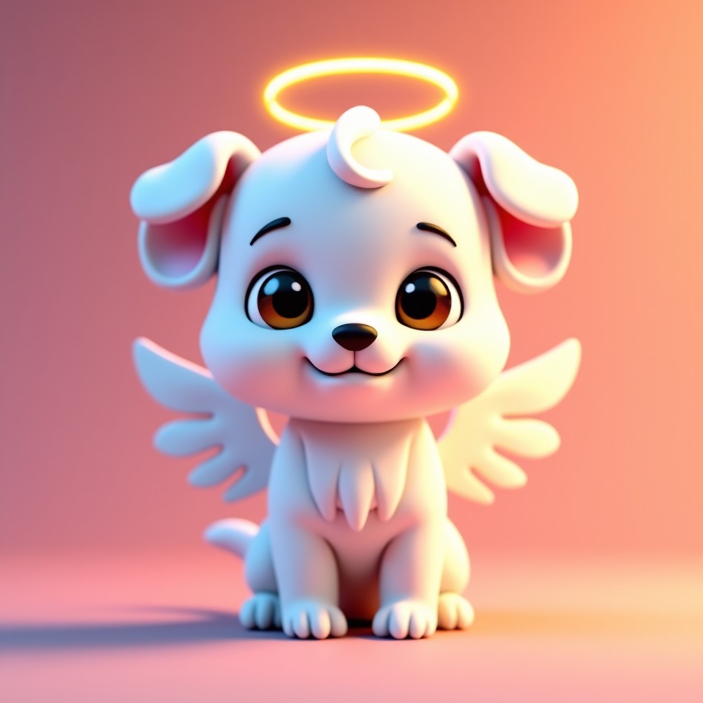 A cute white puppy character Ganadi wearing angel wings and a halo on one side and devil horns and a pitchfork on the other side, vibrant pastel background, soft lighting, 3D render style, 4:3
