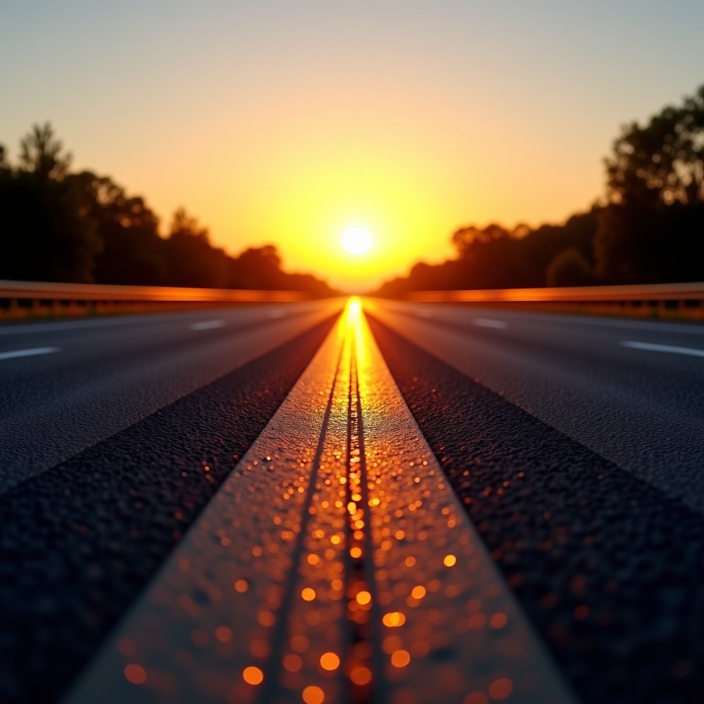 A long stretch of steel mesh glare screen on a highway median during sunset. The sun is low in the sky, reflecting off the metal surface. Realistic style, wide angle, 4:3