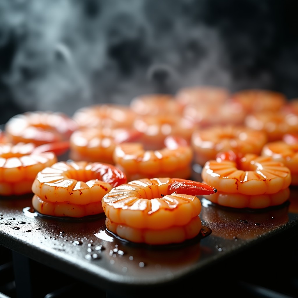 Close up of fresh shrimp and squid being grilled on a professional flat top griddle, steam rising, high quality texture, 4:3