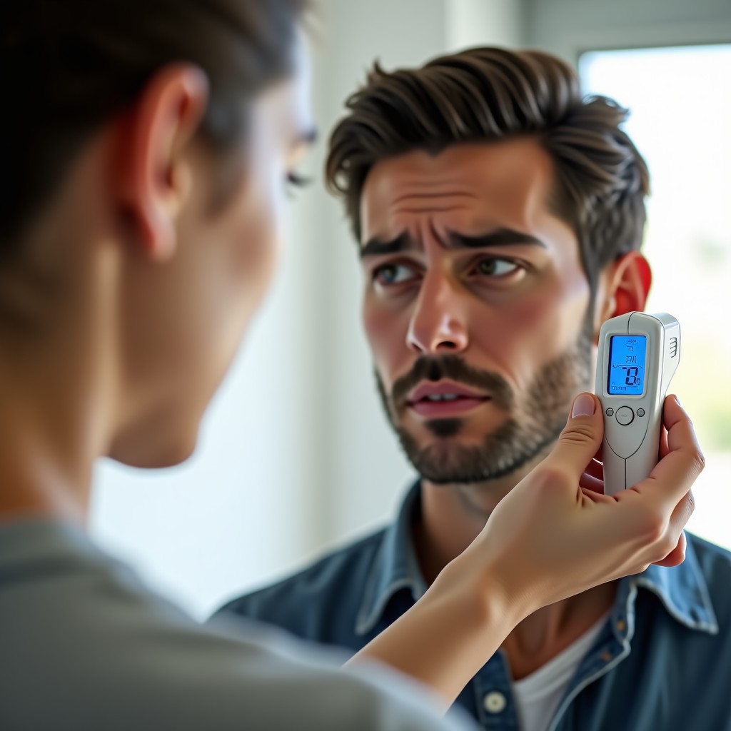 A person checking their temperature with a digital thermometer, looking concerned, indoor setting with soft natural light, high-quality photography, 1:1