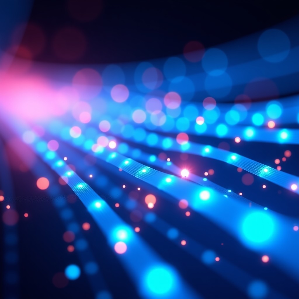 Macro photography of glowing fiber optic cables with high-speed digital data light pulses flowing through them, futuristic technology background, vibrant blue and purple neon colors, 4:3