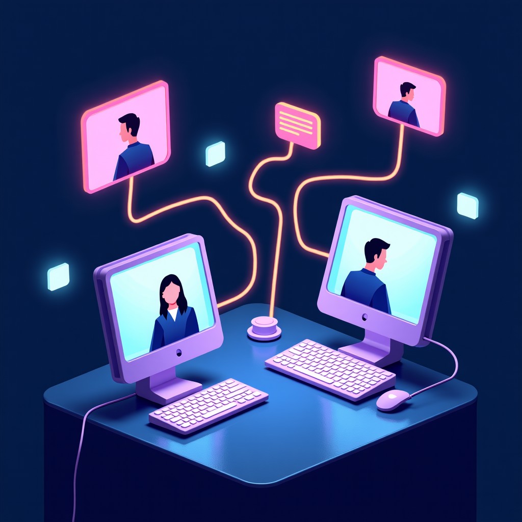 An artistic rendering of early 2000s digital communication. Stylized computer screens with glowing lines connecting people. Textured background with deep blues and purples. No text. 4:3