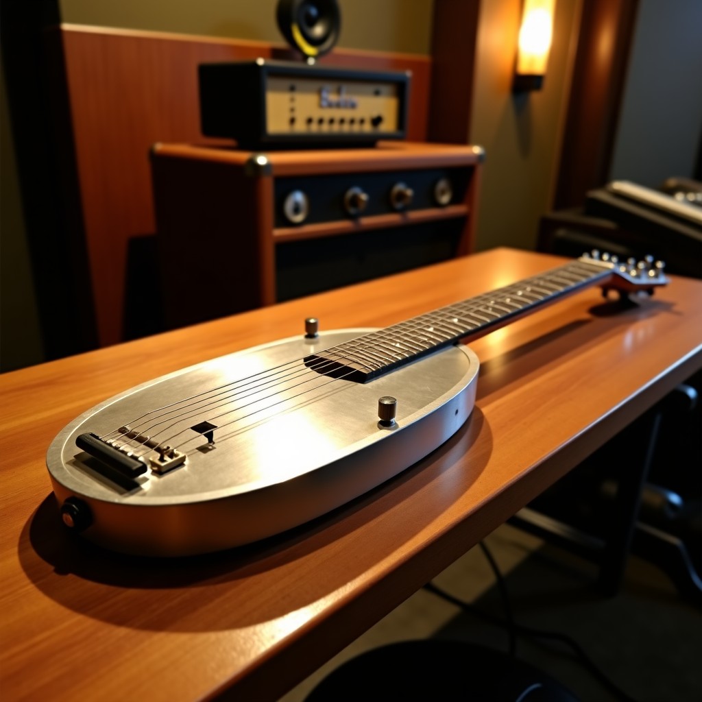 A vintage 1930s style lap steel guitar made of aluminum, nicknamed the frying pan, resting on a wooden table in a classic recording studio, warm lighting, historical atmosphere, 4:3