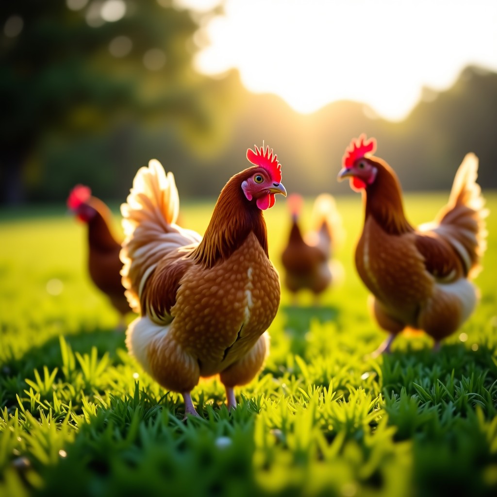 A wide lifestyle shot of healthy chickens roaming freely in a lush green meadow under warm sunlight. No cages are visible. The scene is peaceful and natural, emphasizing animal welfare. 4:3