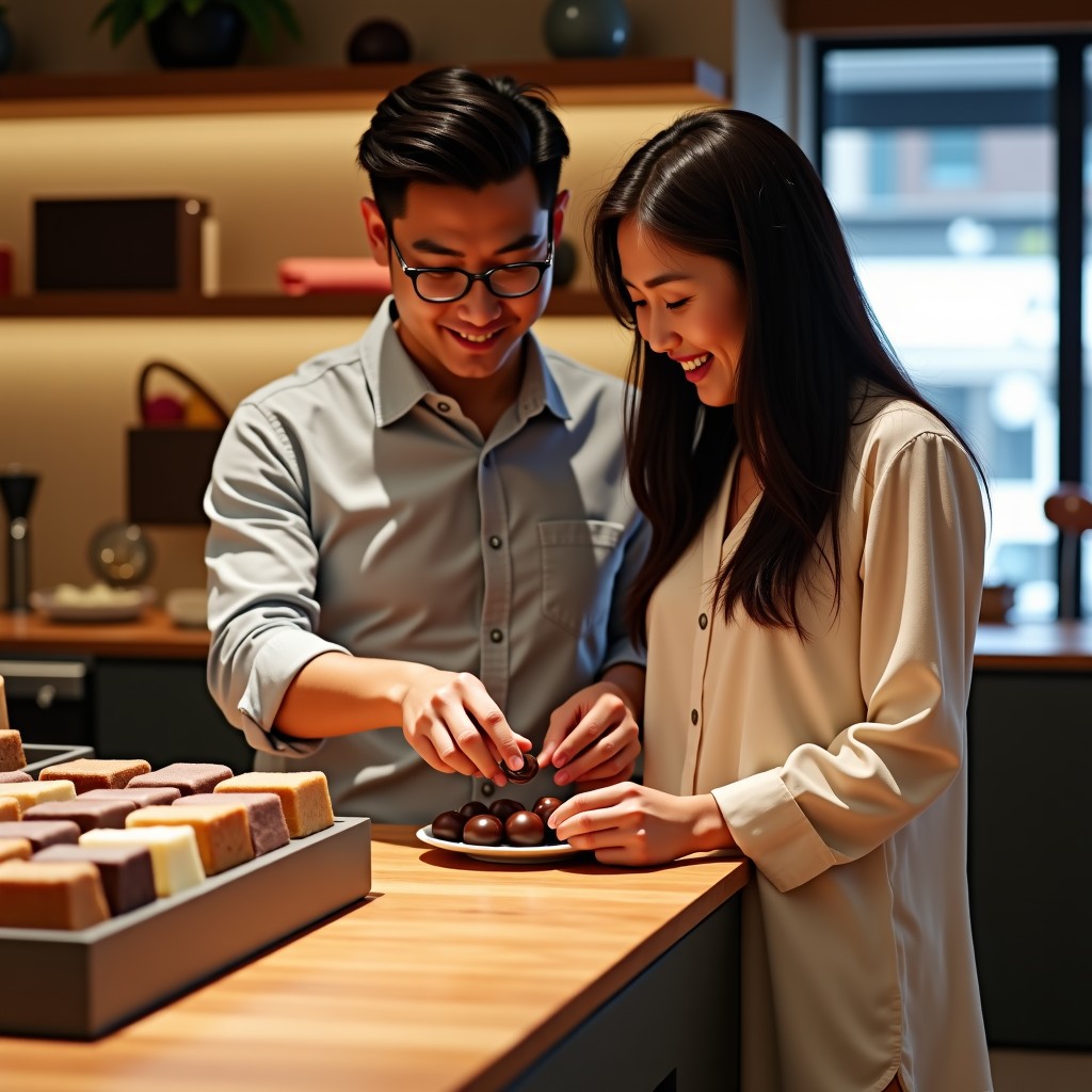 A young Korean couple happily browsing and choosing beautiful chocolates in a modern sophisticated chocolate boutique, soft natural lighting, lifestyle photography, 4:3