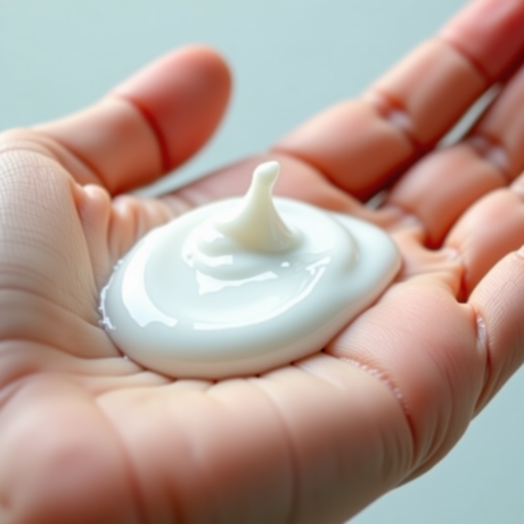 A macro shot of white milky lotion texture being spread on a clean hand, moisturizing and watery appearance, no text, 1:1