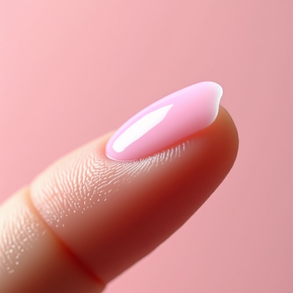 Close up shot of a dewy and watery pink cream texture on a person's fingertip, hydrating and luminous finish, soft focus background, 4:3