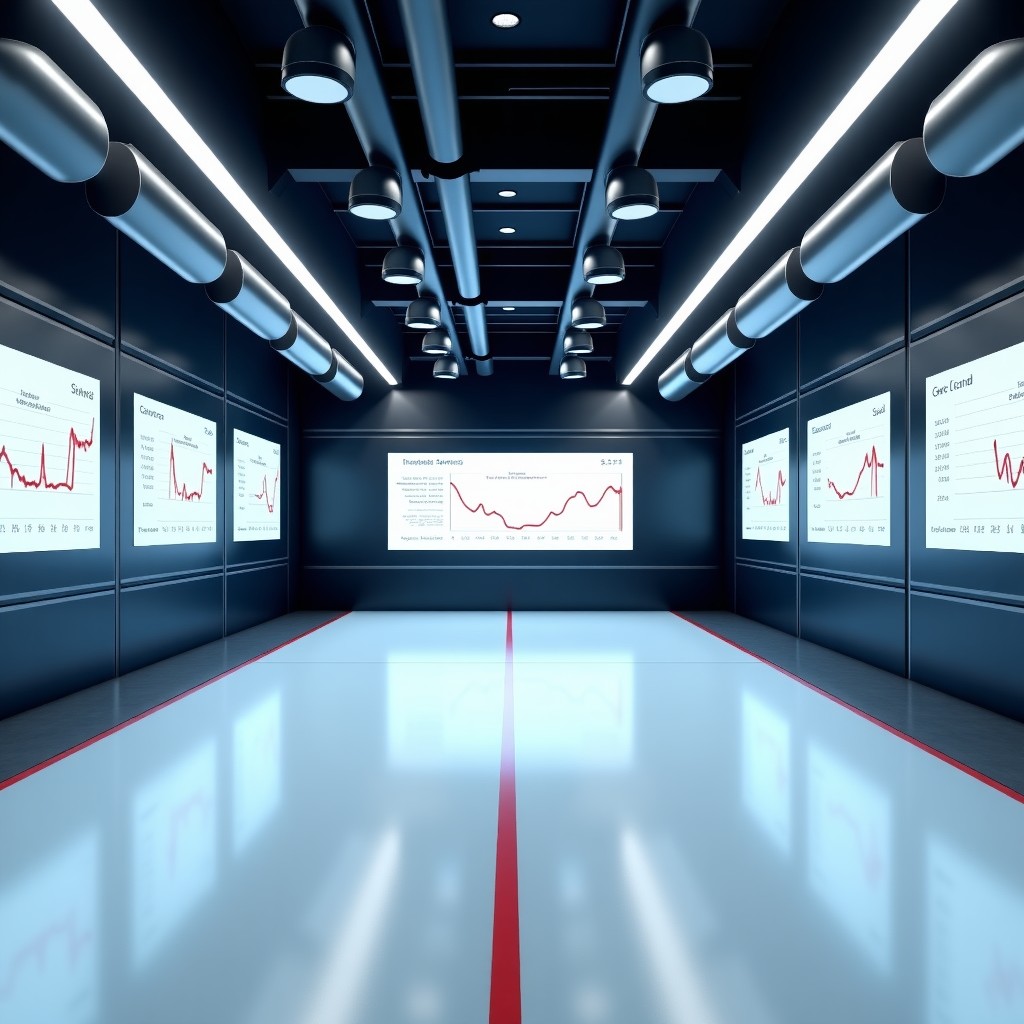 A high-tech professional athlete training facility for speed skating with advanced motion capture cameras and digital screens displaying performance data. Clean modern interior with metallic accents. 4:3