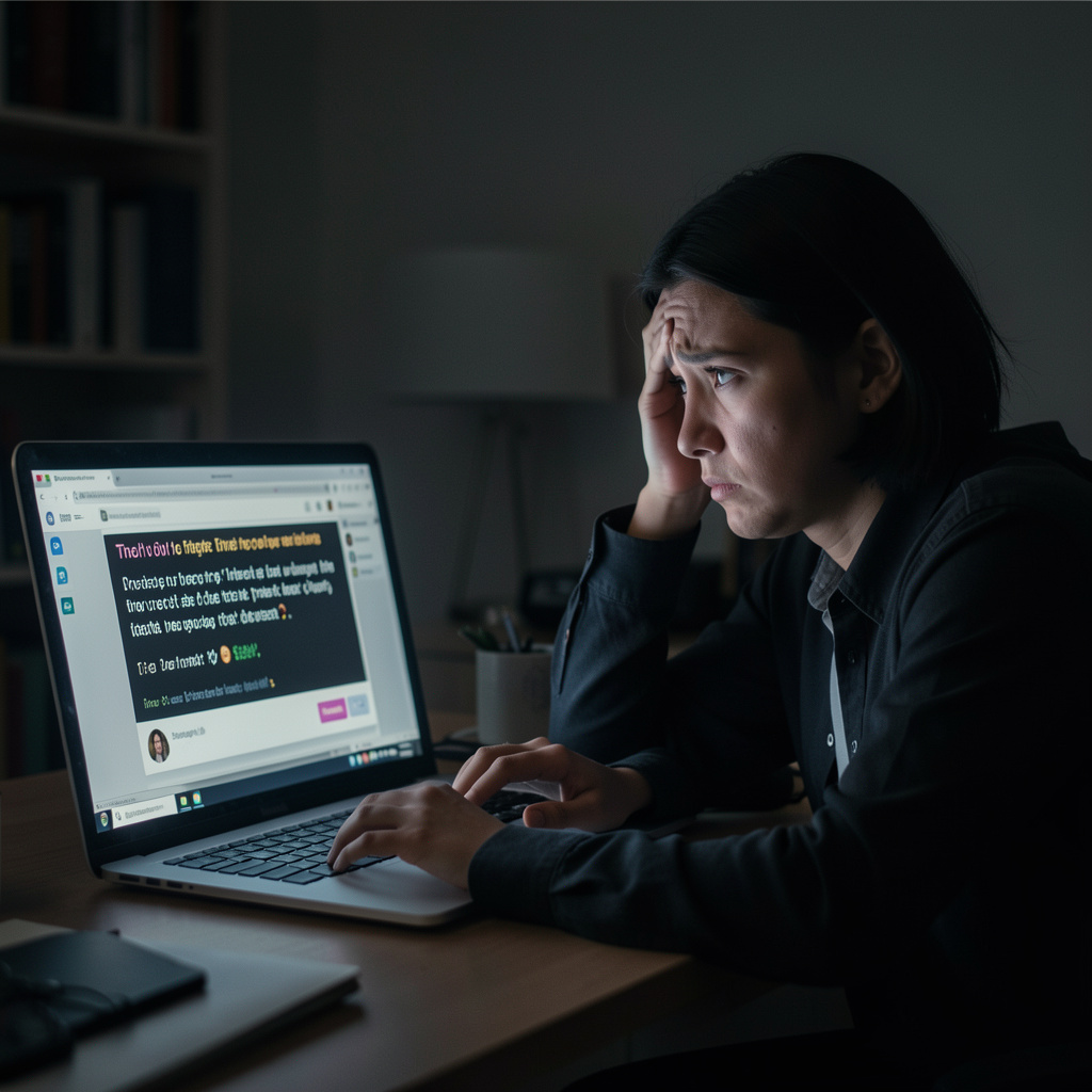 A person sitting at a desk, looking worried, with a screenshot of a threatening message on the screen, in a dimly lit room, 4:3