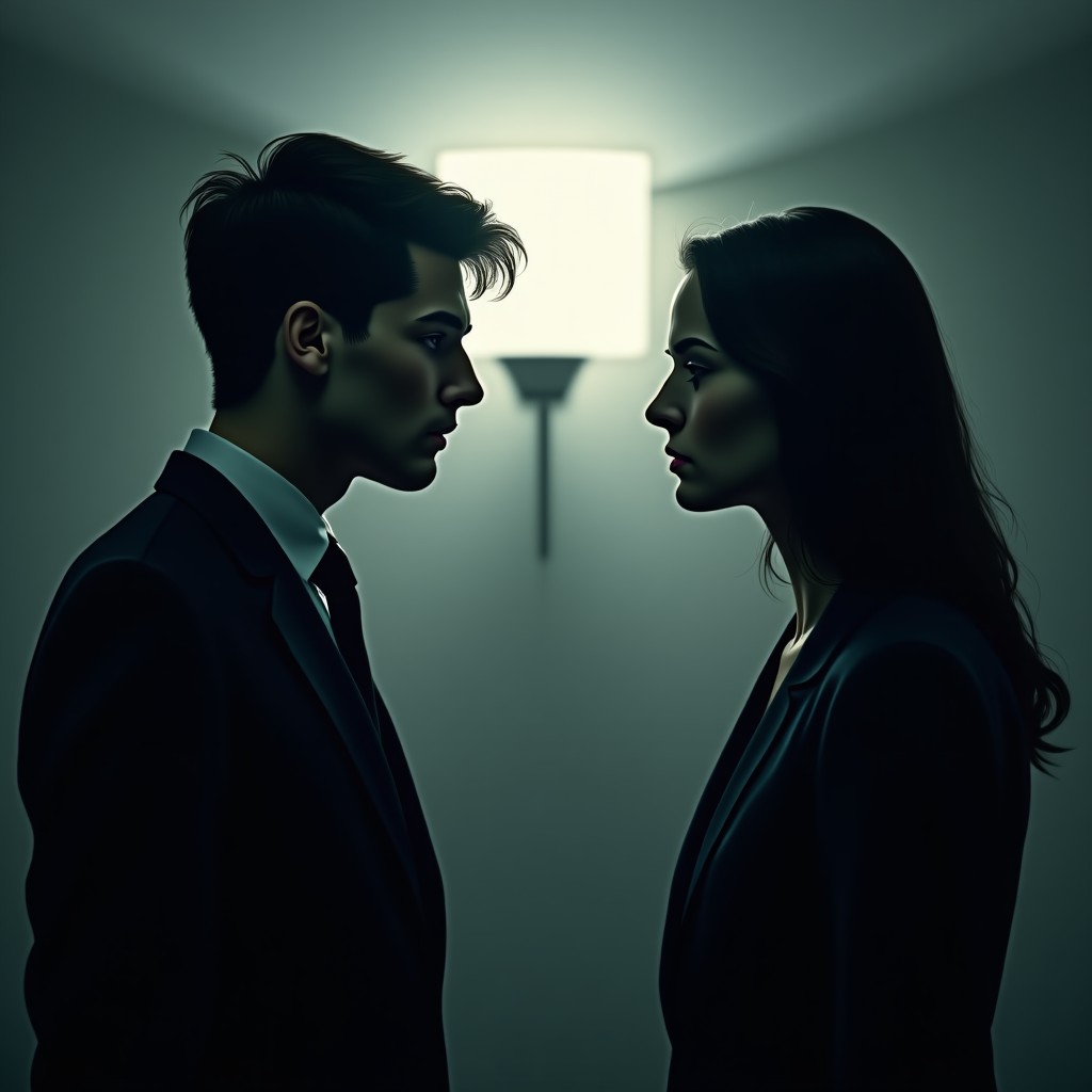 A tense interrogation room scene with a young mysterious man and a female prosecutor looking at each other, dim lighting, high contrast, dramatic shadows, 4:3