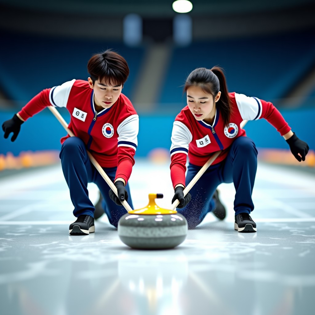 Two Korean athletes, a man and a woman, intensely sweeping the ice in front of a moving curling stone. Dynamic action shot with ice shards flying, indoor arena background, natural lighting. 4:3